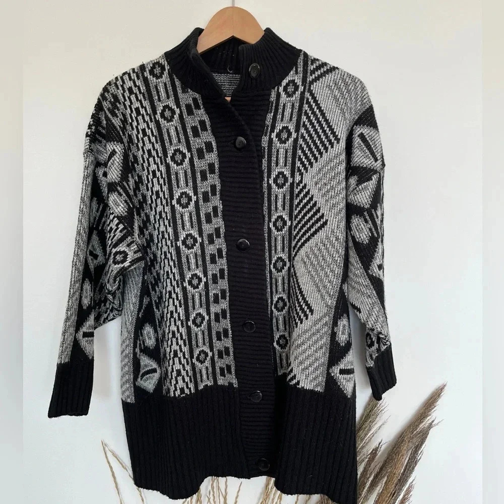 Vintage Grandpa Chunky Knit Button Cardigan Black Gray Size L - Picture 3 of 6